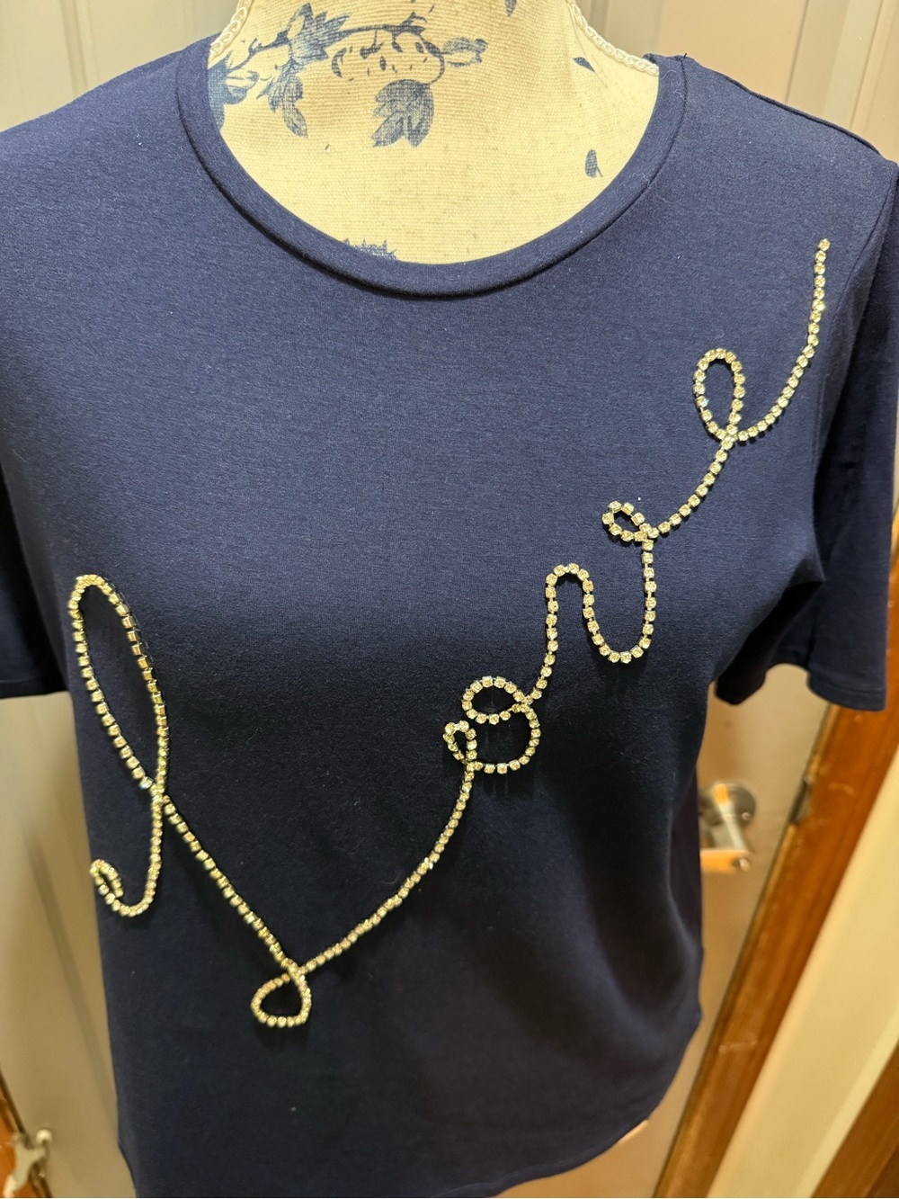 Navy Short-Sleeve Top with 'Love' Rhinestone Script (nwt)-small - Picture 2 of 11